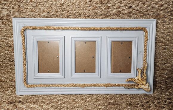 Broyhill Other - Blue Wood 13X23.5" Nautical Rope Picture Frame Beach House Decor 3- 4X6" Photos